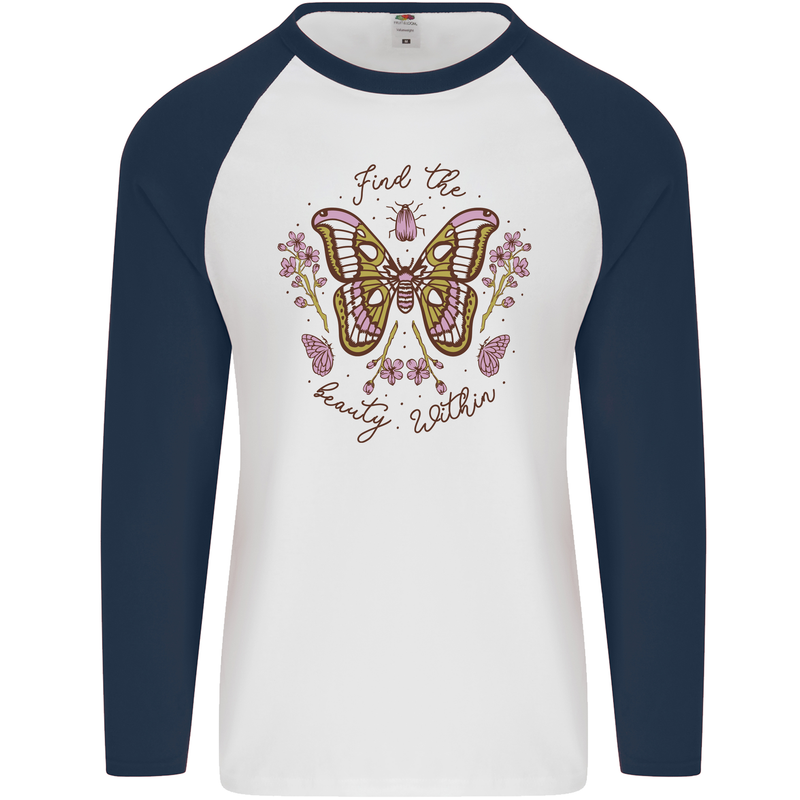 Beauty Within Butterfly Butterflies Mens L/S Baseball T-Shirt White/Navy Blue