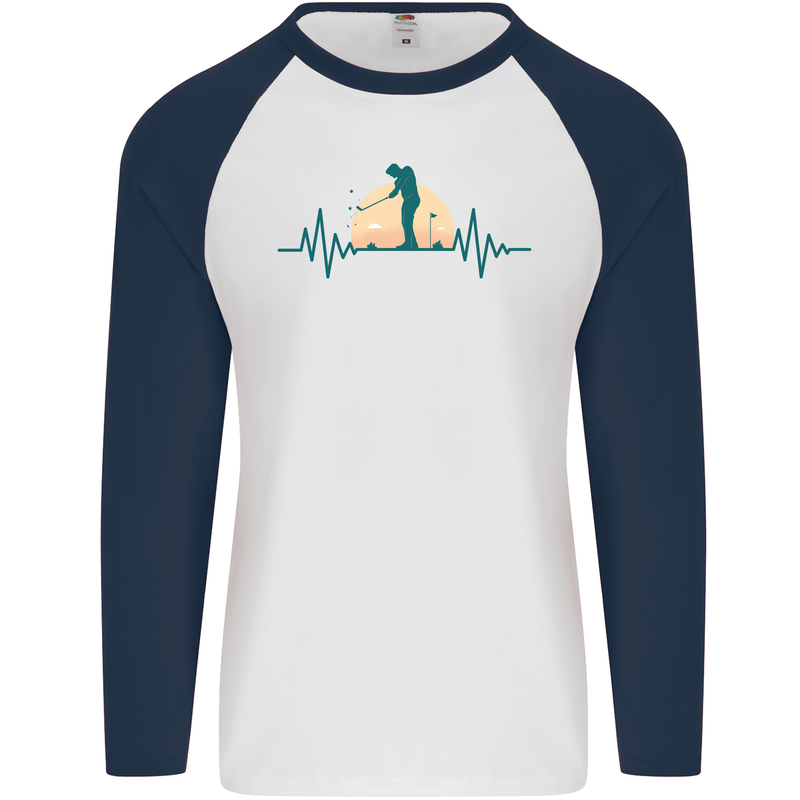 Golf Heartbeat Pulse Mens L/S Baseball T-Shirt White/Navy Blue