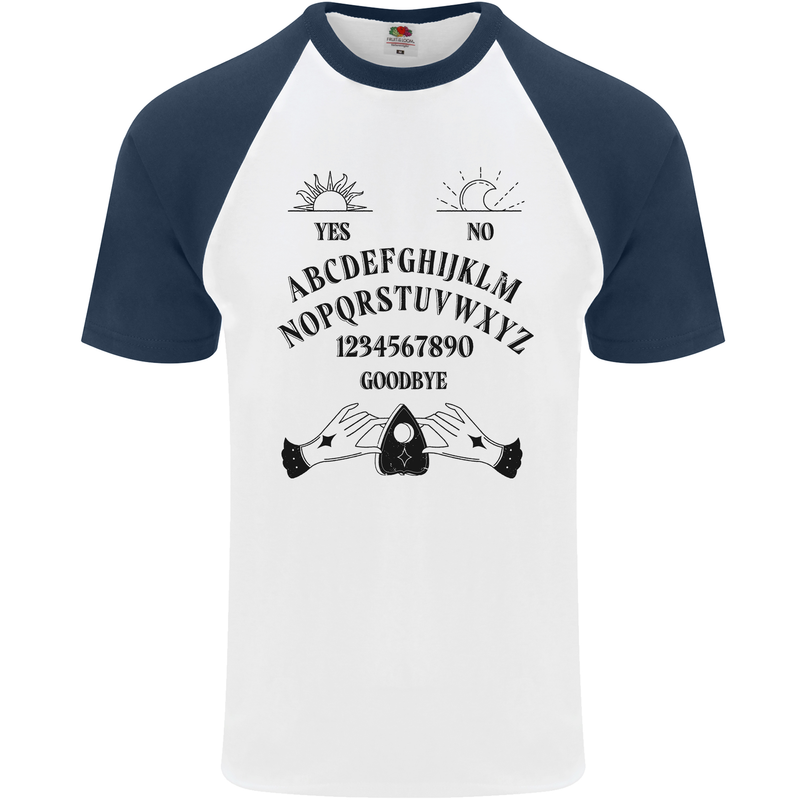 Ouija Board Dark Black Magic Voodoo Mens S/S Baseball T-Shirt White/Navy Blue