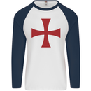 Knights Templar Cross Fancy Dress Outfit Mens L/S Baseball T-Shirt White/Navy Blue