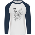 Butterfly & Flowers Mens L/S Baseball T-Shirt White/Navy Blue
