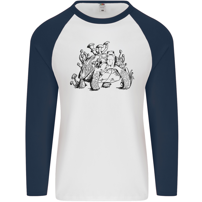 Tortoise Mushrooms Nature Mycology Mens L/S Baseball T-Shirt White/Navy Blue