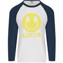 Headphones DJ Life Acid Face Vinyl Decks Mens L/S Baseball T-Shirt White/Navy Blue