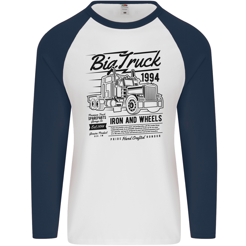 HGV Driver Big Truck Lorry Mens L/S Baseball T-Shirt White/Navy Blue