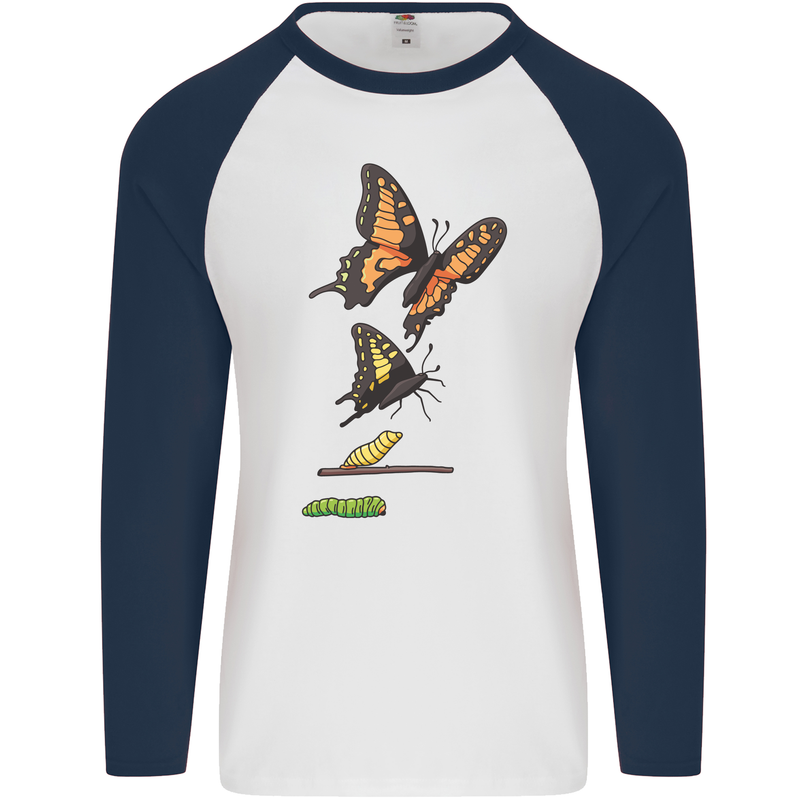 Butterfly Evolution Caterpillar Butterflies Mens L/S Baseball T-Shirt White/Navy Blue