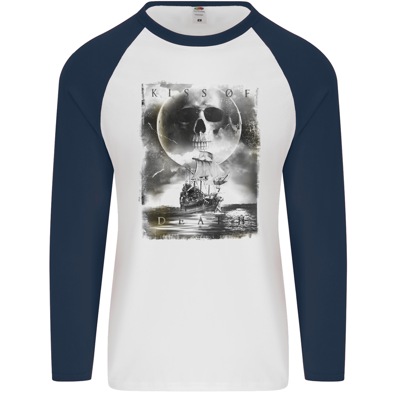 Kiss of Death Pirates Sailing Sailor Mens L/S Baseball T-Shirt White/Navy Blue