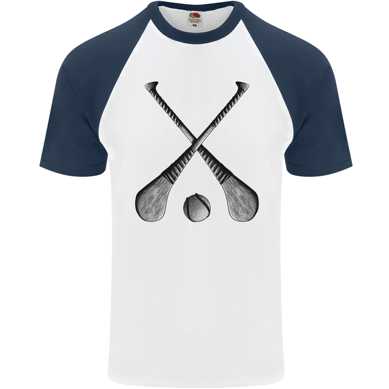 Hurling Bats and Ball Mens S/S Baseball T-Shirt White/Navy Blue