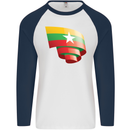 Curled Myanmar Flag Burmese Day Football Mens L/S Baseball T-Shirt White/Navy Blue
