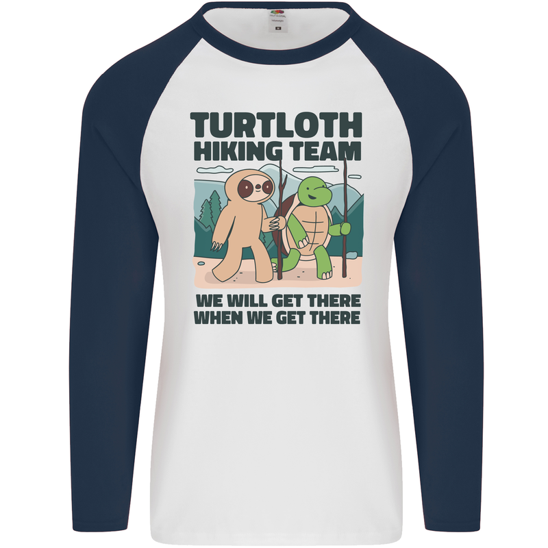 Turtloth Hiking Team Hiking Turtle Sloth Mens L/S Baseball T-Shirt White/Navy Blue