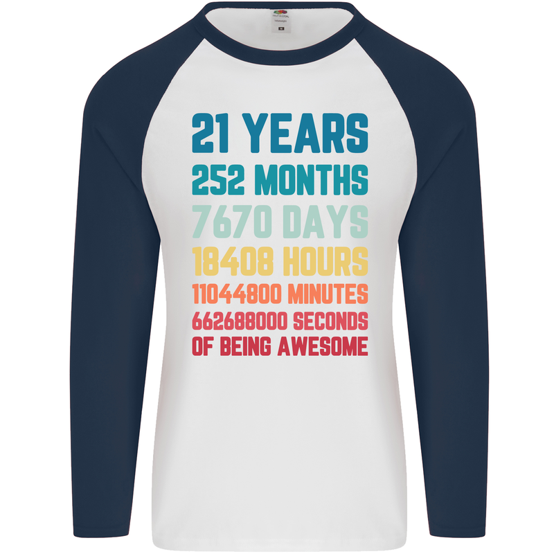 21st Birthday 21 Year Old Mens L/S Baseball T-Shirt White/Navy Blue