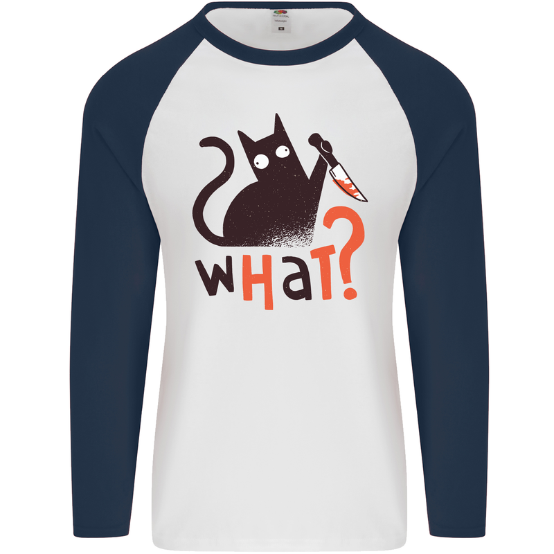 What? Funny Murderous Black Cat Halloween Mens L/S Baseball T-Shirt White/Navy Blue