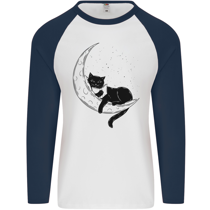 A Cat Reading a Book on the Moon Mens L/S Baseball T-Shirt White/Navy Blue