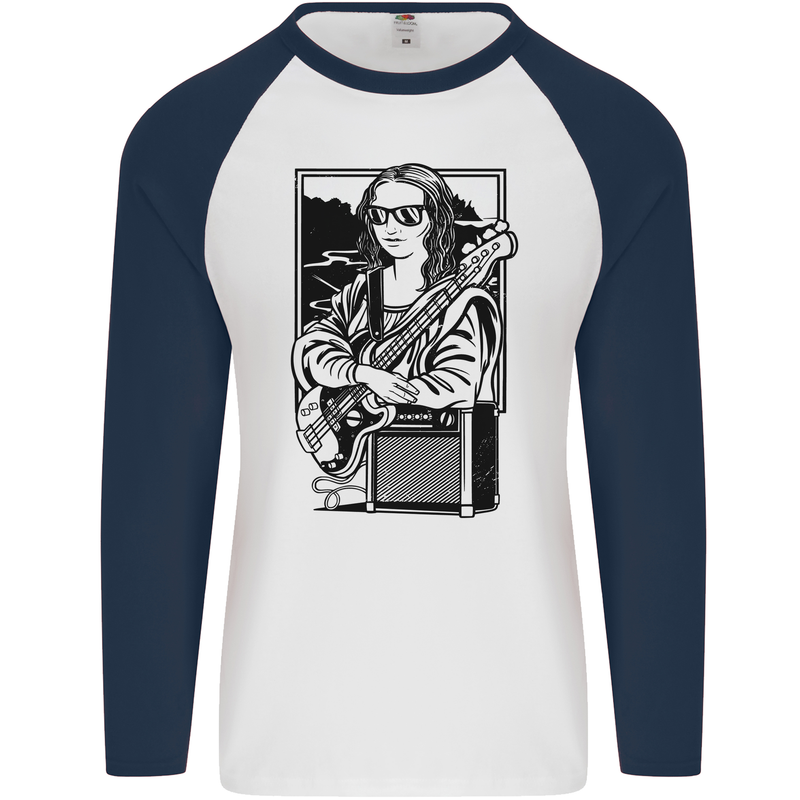 Electric Guitar Mona Lisa Rock Music Player Mens L/S Baseball T-Shirt White/Navy Blue