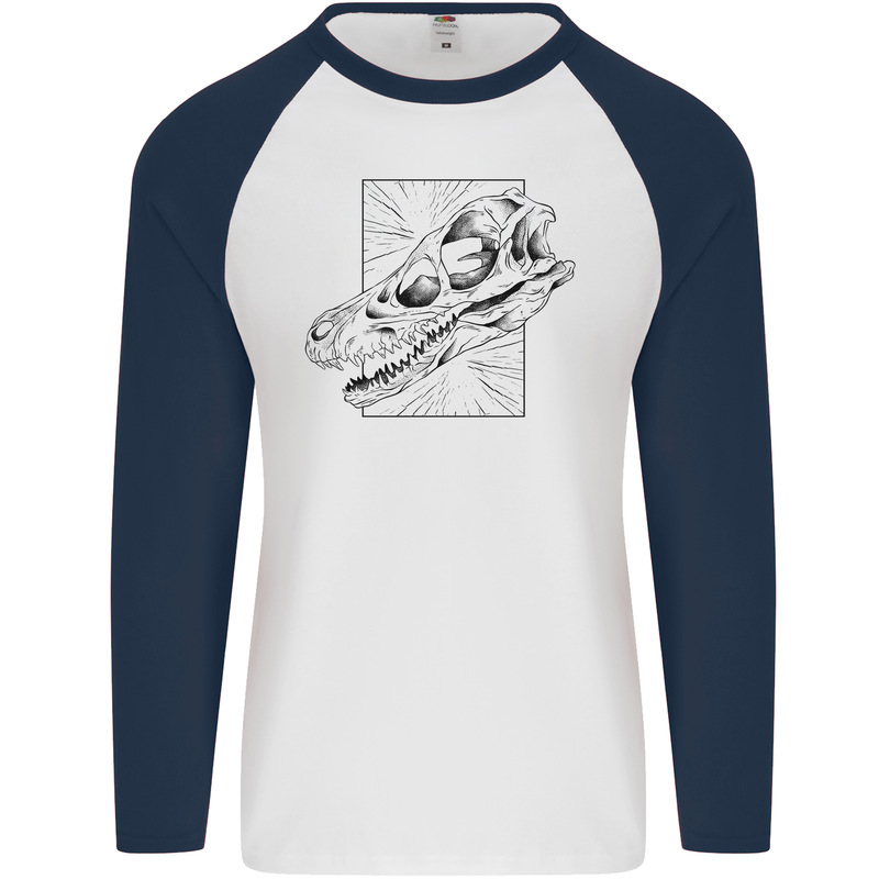 Velociraptor Skull Dinosaurs Palaeontology Mens L/S Baseball T-Shirt White/Navy Blue