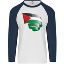 Curled Palestine Flag Palestinian Day Football Mens L/S Baseball T-Shirt White/Navy Blue