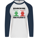 Player Two Wanted Funny Singles Day Gamer Mens L/S Baseball T-Shirt White/Navy Blue