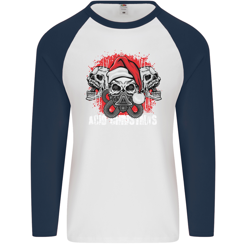 Acid Christmas Skulls Mens L/S Baseball T-Shirt White/Navy Blue