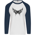 Abstract Butterfly Mens L/S Baseball T-Shirt White/Navy Blue