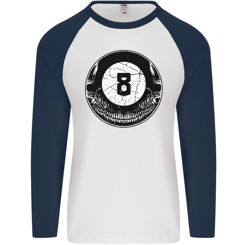 8-Ball Skull Pool Player 9-Ball Mens L/S Baseball T-Shirt White/Navy Blue