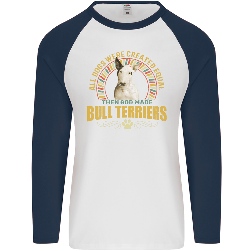 A Bull Terrier Dog Mens L/S Baseball T-Shirt White/Navy Blue