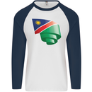 Curled Namibia Flag Namibian Day Football Mens L/S Baseball T-Shirt White/Navy Blue