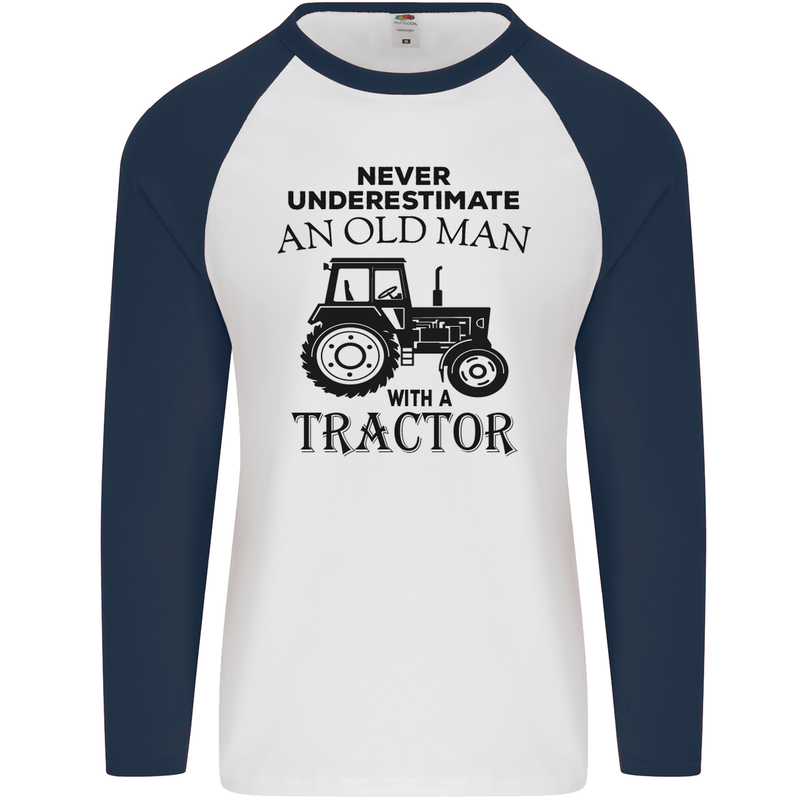 Old Man With a Tractor Driver Farmer Farm Mens L/S Baseball T-Shirt White/Navy Blue