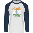 Torn India Flag Indian Day Football Mens L/S Baseball T-Shirt White/Navy Blue