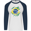 Torn Brazil Flag Brazilian Day Football Mens L/S Baseball T-Shirt White/Navy Blue