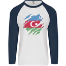 Torn Azerbaijan Flag Azerbaijani Day Football Mens L/S Baseball T-Shirt White/Navy Blue