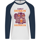 Early Drinkin' Quick Drunken Funny Beer Alcohol Mens L/S Baseball T-Shirt White/Navy Blue