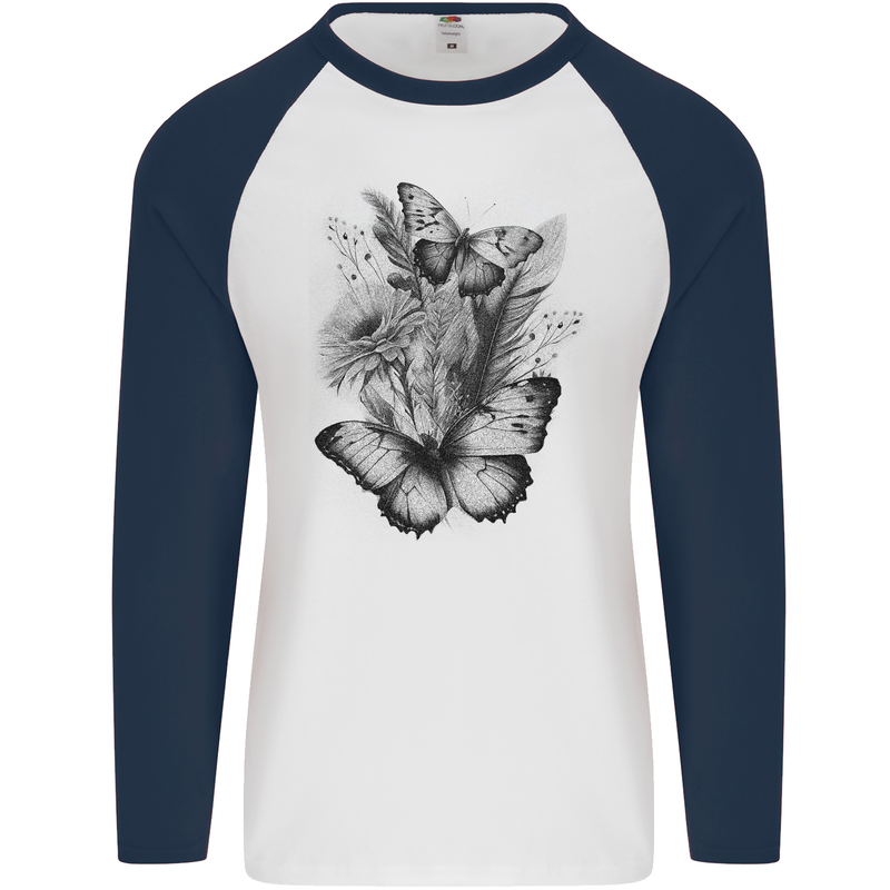 Butterflies & Flowers in the Wild Nature Mens L/S Baseball T-Shirt White/Navy Blue