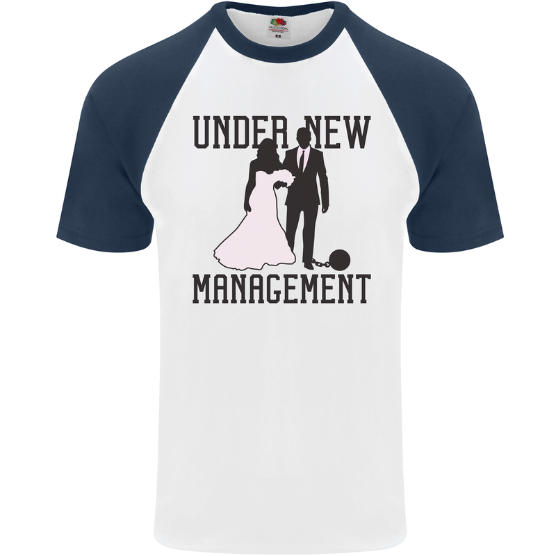 Just Married Under New Management Mens S/S Baseball T-Shirt White/Navy Blue