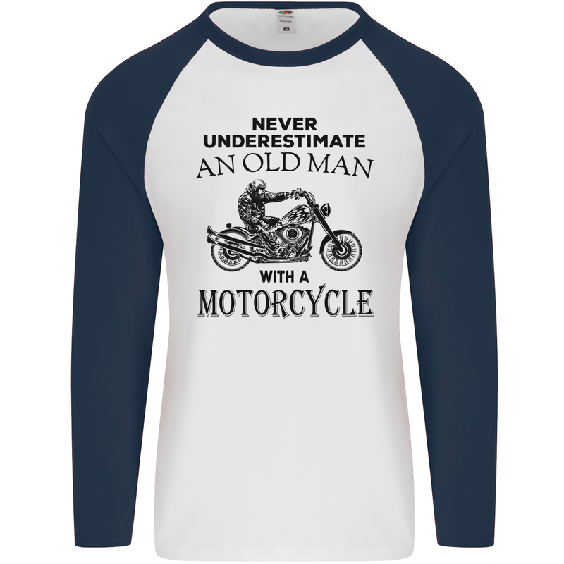 Old Man With a Motorcycle Biker Motorcycle Mens L/S Baseball T-Shirt White/Navy Blue
