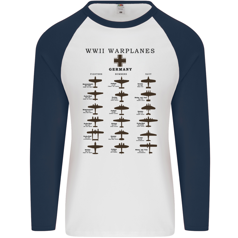 German War Planes WWII Fighters Aircraft Mens L/S Baseball T-Shirt White/Navy Blue
