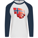 Curled Norway Flag Norwegian Day Football Mens L/S Baseball T-Shirt White/Navy Blue