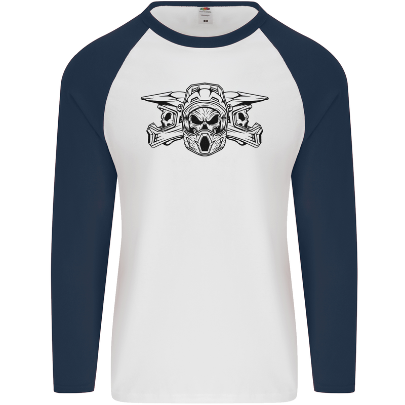 Motocross Skulls Dirt Bike MotoX Motorcycle Mens L/S Baseball T-Shirt White/Navy Blue