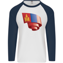 Curled Mongolia Flag Mongolian Day Football Mens L/S Baseball T-Shirt White/Navy Blue
