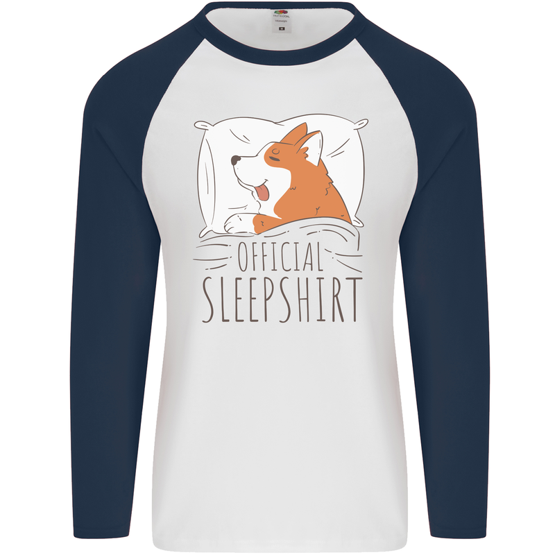 Corgi Sleeping Dog Mens L/S Baseball T-Shirt White/Navy Blue