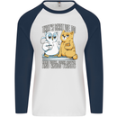 An Owl & Cat Book Reading Bibliophile Mens L/S Baseball T-Shirt White/Navy Blue