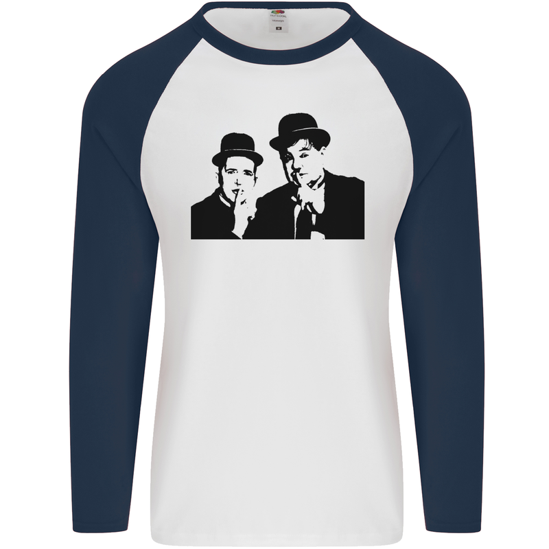 Dick and Doof Aka Laurel & Hardy Mens L/S Baseball T-Shirt White/Navy Blue