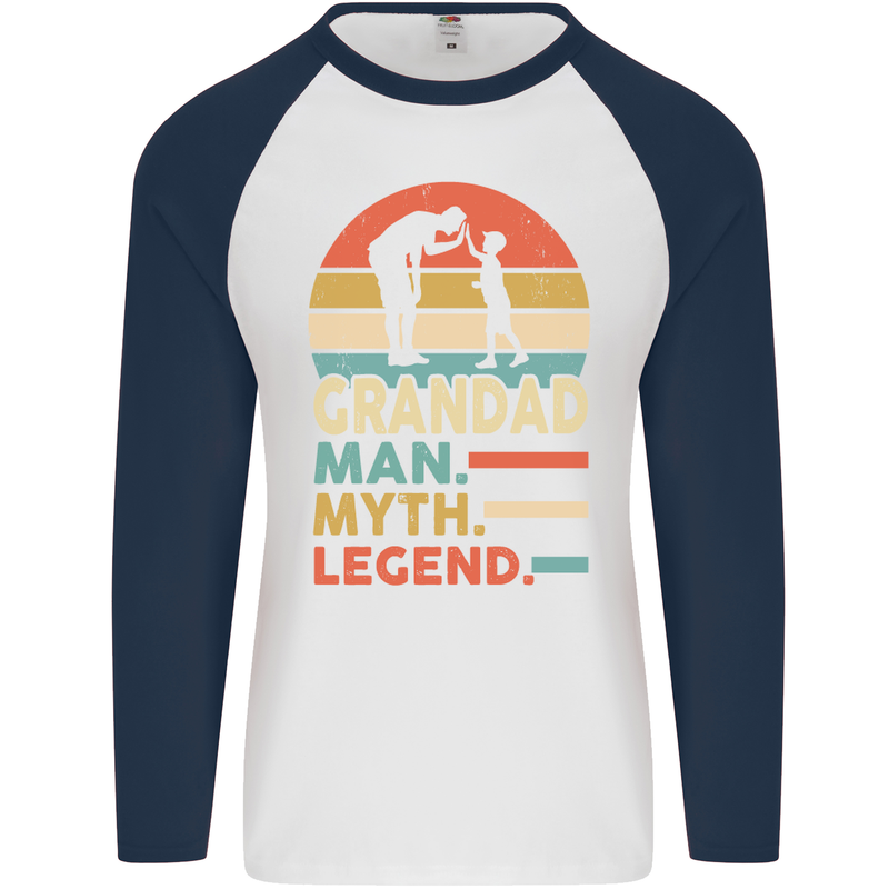 Grandad Man Myth Legend Funny Fathers Day Mens L/S Baseball T-Shirt White/Navy Blue