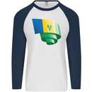 Curled Saint Vincent and Grenadines Flag Football Mens L/S Baseball T-Shirt White/Navy Blue