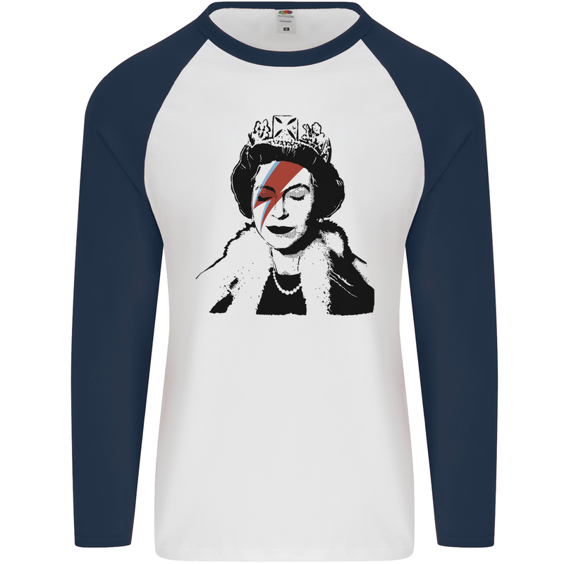 Banksy The Queen with a Bowie Look Mens L/S Baseball T-Shirt White/Navy Blue