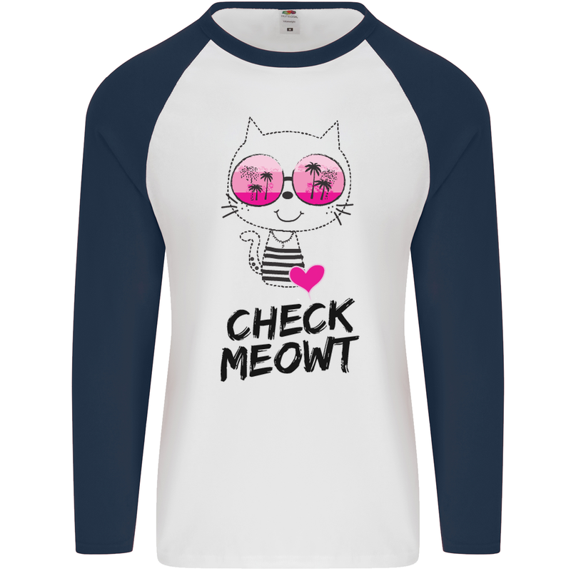 Check Meowt Mens L/S Baseball T-Shirt White/Navy Blue