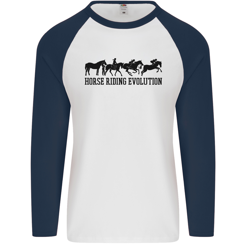 Equestrian Horse Riding Evolution Mens L/S Baseball T-Shirt White/Navy Blue