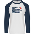 Eat Sleep Hockey Repeat Ice Street Mens L/S Baseball T-Shirt White/Navy Blue