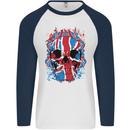 Union Jack Flag Skull Gym MMA Biker Mens L/S Baseball T-Shirt White/Navy Blue