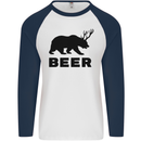 Beer Bear Funny Animal Alcohol Mens L/S Baseball T-Shirt White/Navy Blue