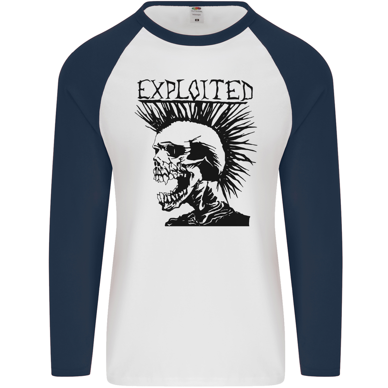 Exploited Punk Rock Skull Skinhead Mohican Mens L/S Baseball T-Shirt White/Navy Blue