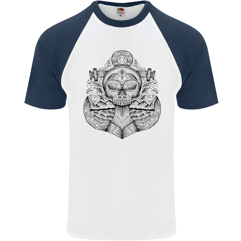 Anchor Skull Sailor Sailing Captain Pirate Ship Mens S/S Baseball T-Shirt White/Navy Blue